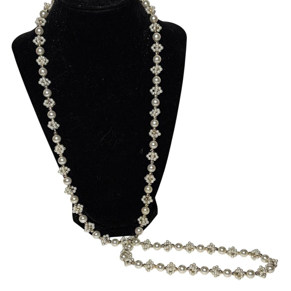 Vintage Style Faux Pearl Long Necklace 36” Beaded Cluster Statement
